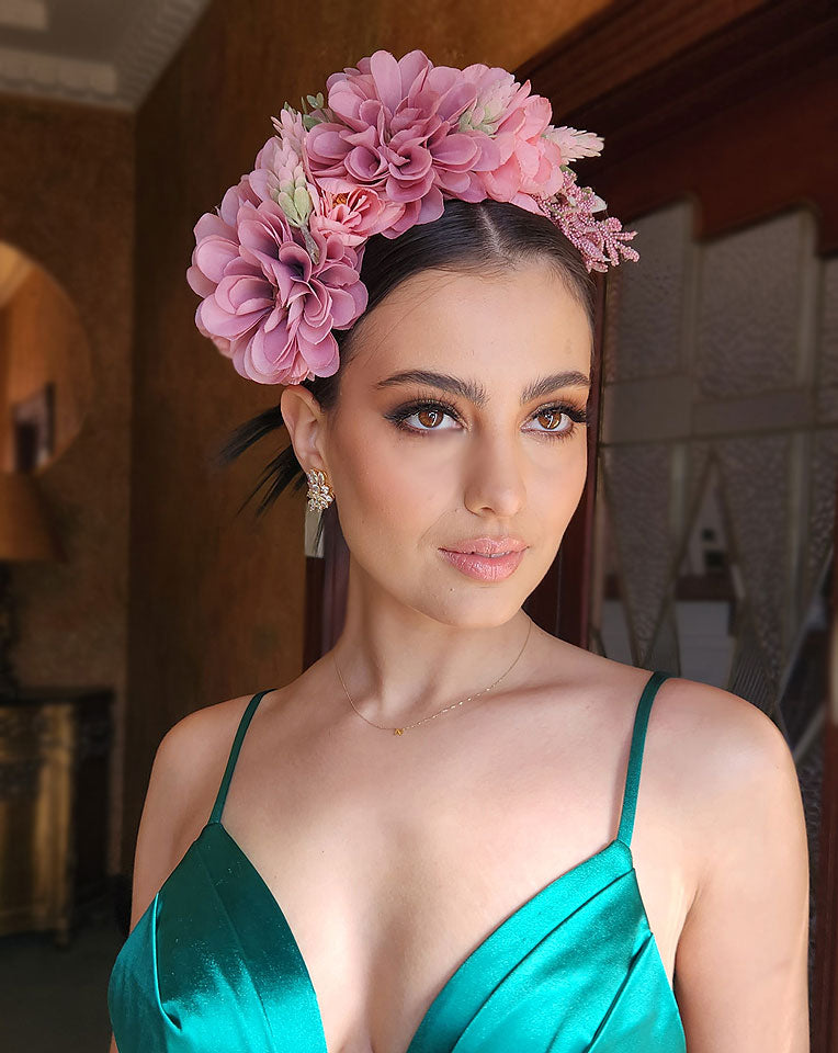 race day crowns and fascinators - dusty rose pink statement floral headband - Pia at Kezani by Fancy a Fascinator - front view