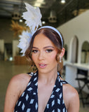 Race day crown and fascinators - fun and fancy white feather flowers on headband - Satellite at Kezani