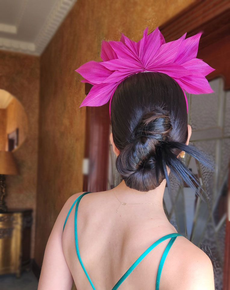 back view of magenta pink abaca fan crown - race day fascinator - demi headband at Kezani