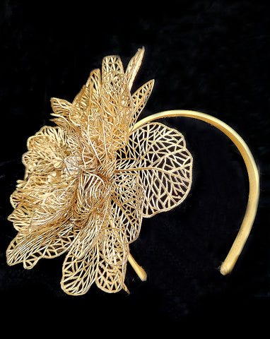 Race day crown and fascinators - metallic gold filagree flower headband - Ginger at Kezani