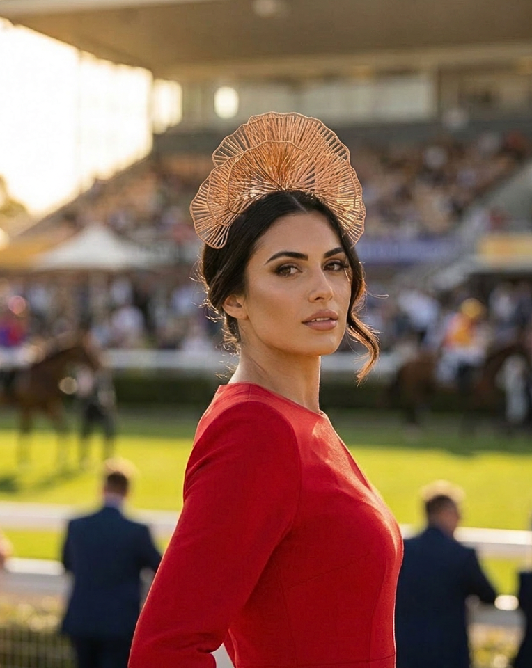 Girl in red dress at the horse races wearing a tall fan crown style fascinator in rose gold
