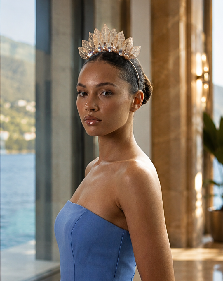 girl wearing cornflower bue dress with rose gold leaf Rio headband