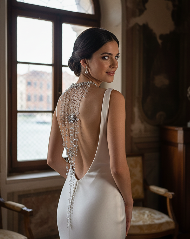 woman wearing low back wedding dress with cascading crystal necklace falling down her back