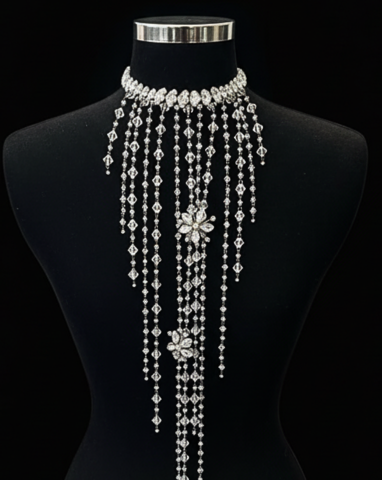 close up of cascading crystals on crystal neck choker by kezani