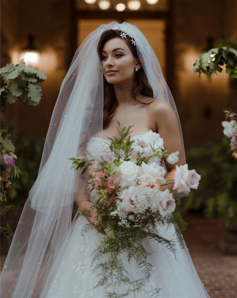 wedding and bridal veils - two tier full gathered cathedral length veil with scattered pearl and crystals - front view - Adara at Kezani