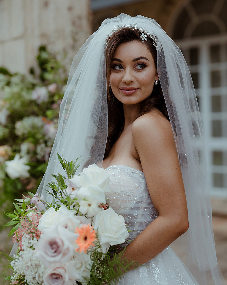 wedding and bridal veils - two tier full gathered cathedral length veil with scattered pearl and crystals - close up front view - Adara at Kezani