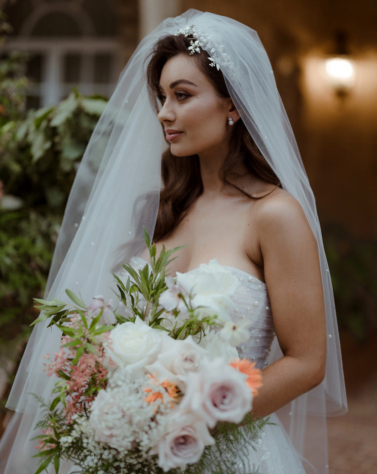 wedding and bridal veils - two tier full gathered cathedral length veil with scattered pearl and crystals - side view - Adara at Kezani