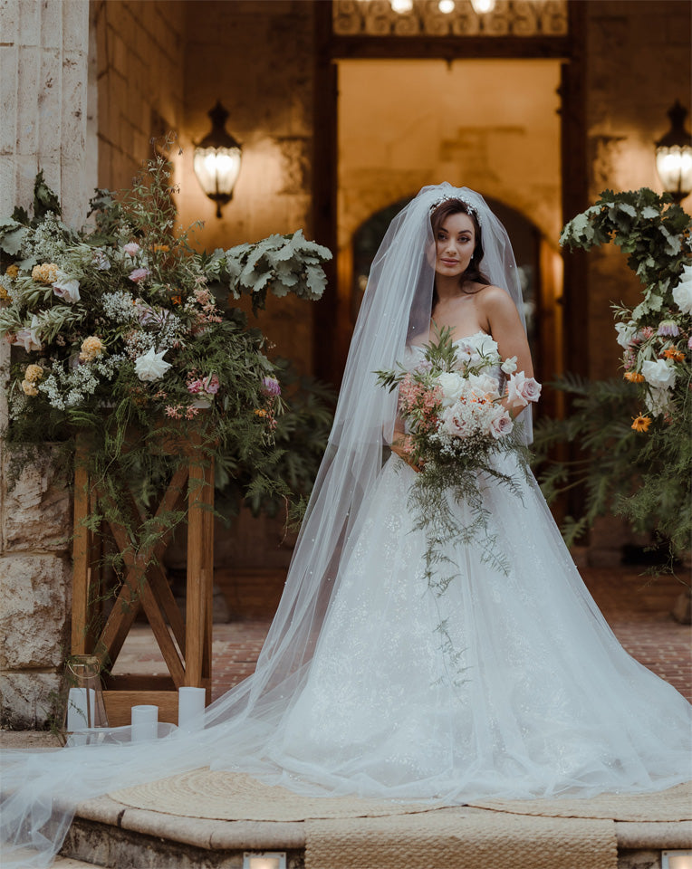 wedding and bridal veils - two tier full gathered cathedral length veil with scattered pearl and crystals - full length view - Adara at Kezani