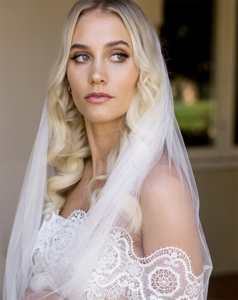 wedding and bridal veils - one tier long layer train length in silk tulle - front view - Kimmy at Kezani