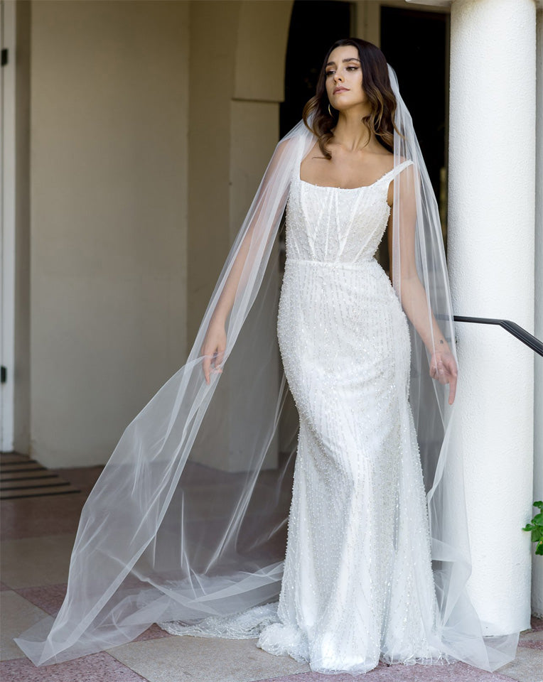 wedding and bridal veils - one tier soft raw edge - train length - full length view -Emma at kezani