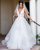 wedding and bridal veils - raw edge with  two tiers - fingertip - full length view - Emma at Kezani