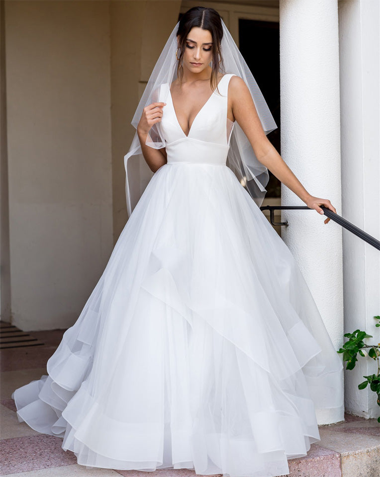 wedding and bridal veils - raw edge with  two tiers - fingertip - full length view - Emma at Kezani