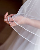 wedding and bridal veils - two tier with diamonte crystal edge - fingertip close up trim view - Marilyn at Kezani