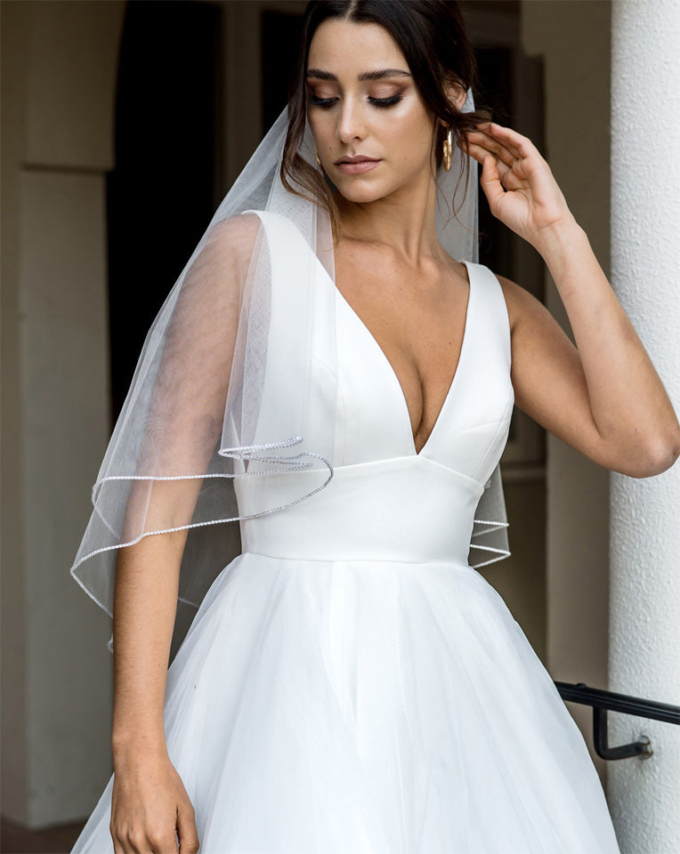 wedding and bridal veils - two tier with diamonte crystal edge - fingertip front view - Marilyn at Kezani