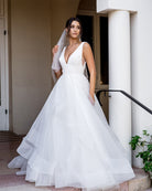 wedding and bridal veils - two tier with diamonte crystal edge - fingertip full length view - Marilyn at Kezani