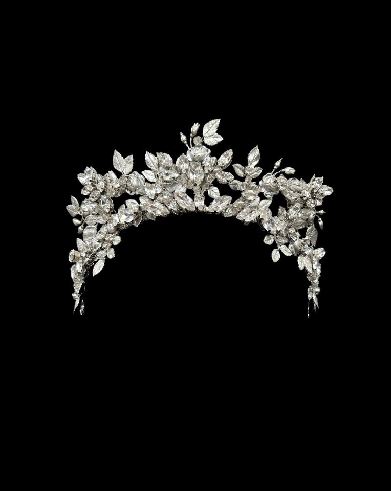 Brontë bridal crown by Kezani with vintage leaf and rose filigree and crystal detail