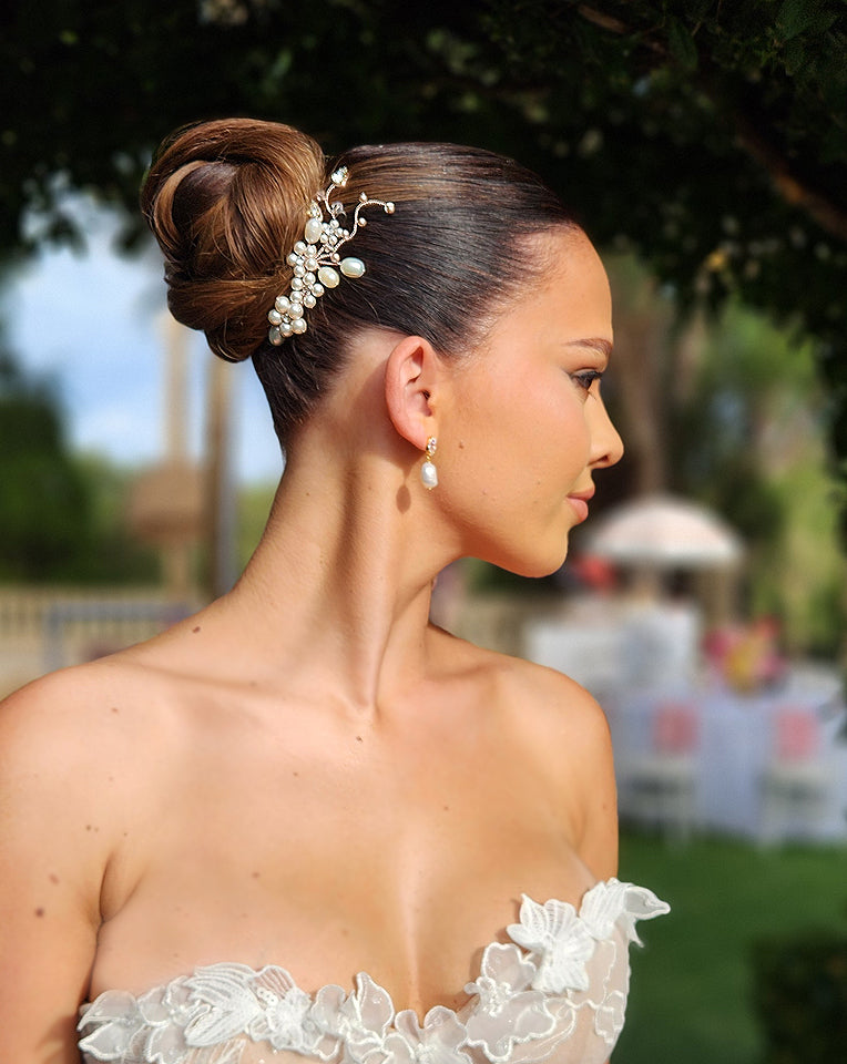 rose gold freshwater pearl floral and vine twin set - the gala bridal set - by kezani perth on bridal bun wedding updo