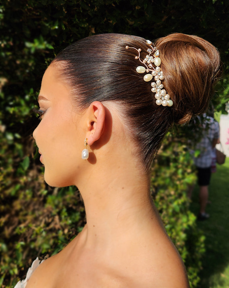 rose gold freshwater pearl floral and vine twin set - the gala bridal set - by kezani perth - side profile on model