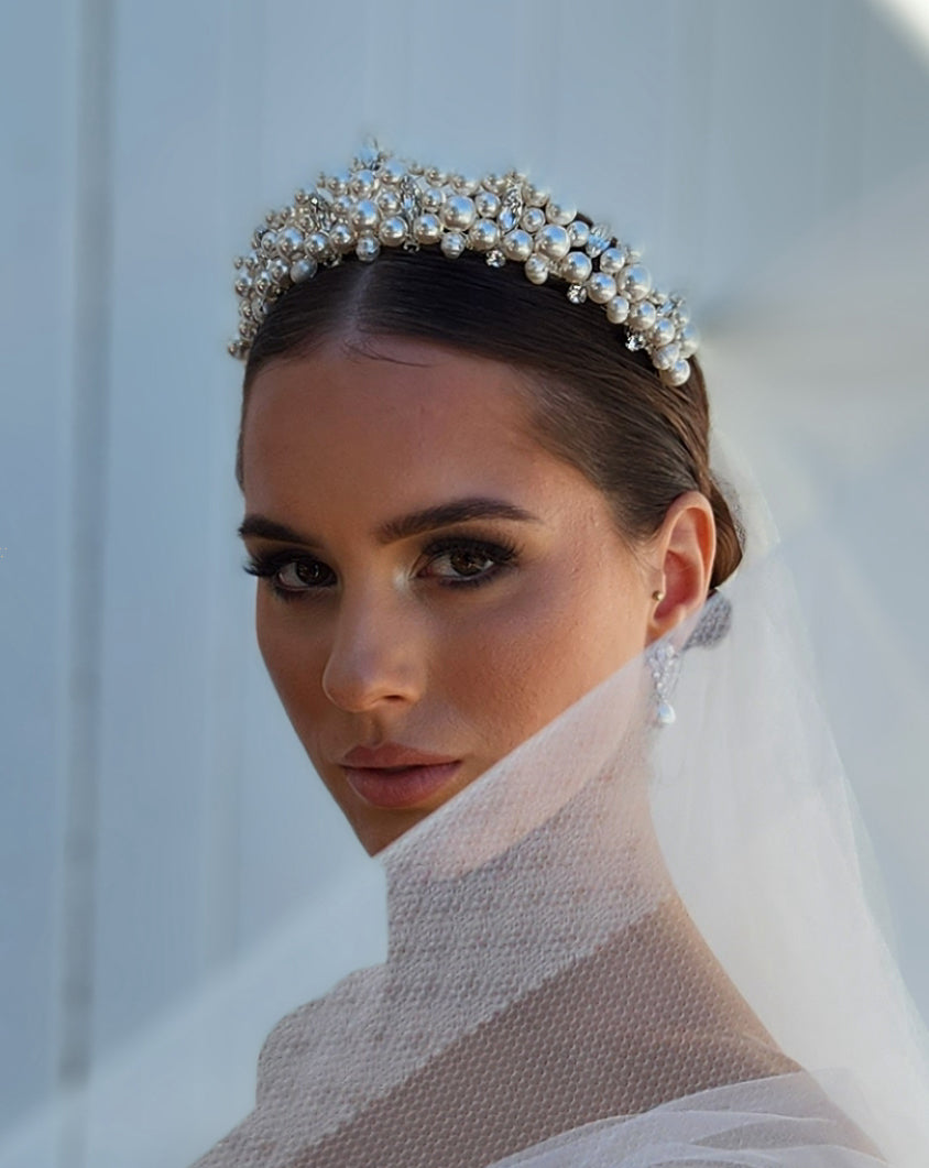 wedding crown - pearl encrusted crown on model - pearlin by kezani