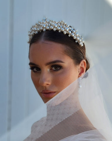 wedding crown - pearl encrusted crown on model - pearlin by kezani
