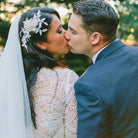 Real bride wearing Harlow headpiece by Kezani Jewellery