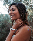 bridal bracelet - Jessica dainty floral ribbon cuff - on model - close up - by Kezani