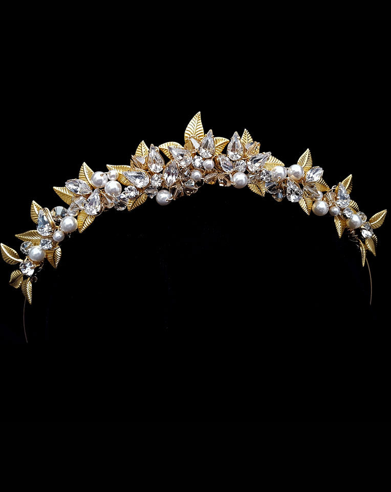 variation of Amara bridal crown with delicate diamonte and antique gold leaf detail