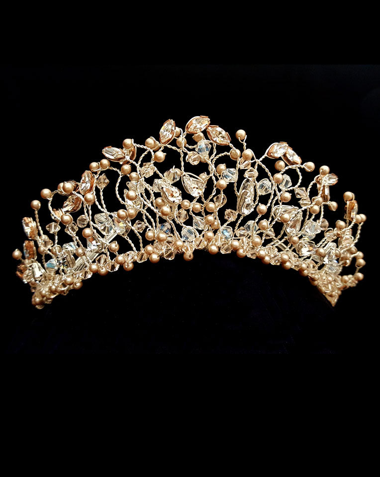 bridal headpiece - delicate crystal and pearl vine-branch crown in blush - Positano crown by Kezani - close up 1