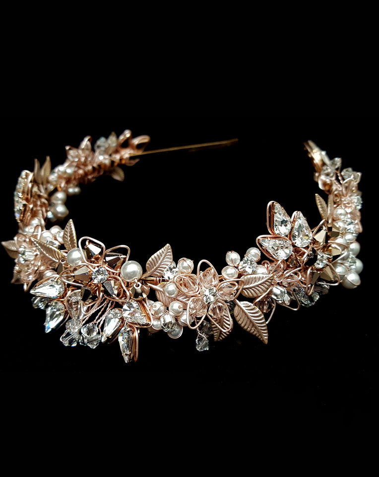 bridal headpiece - Jessica deluxe headband - floral rose gold and blush headband - by Kezani 2