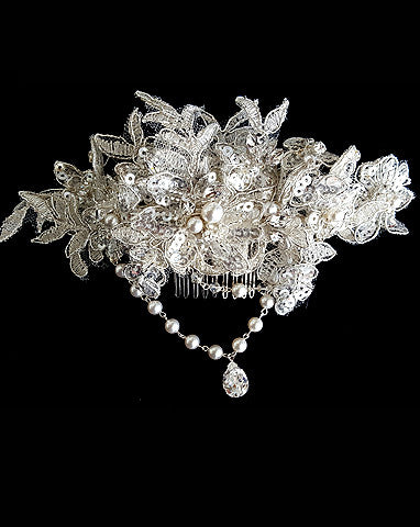 Bridal headpiece - lace vintage look with pearl drapes - Josephine by Kezani - Kezani Jewellery - 3