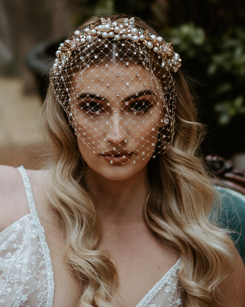Bridal headpiece - pearl clustered headband with crystal birdcage