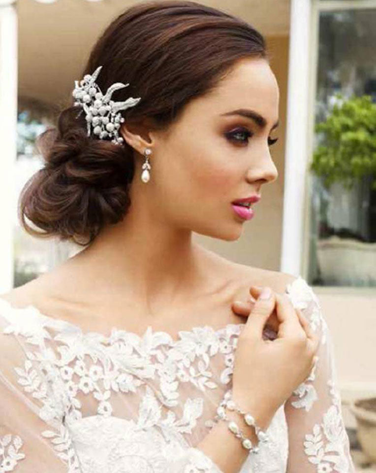 bridal earrings - drop pearl earring with vintage leaf - Silk pearl earring by Stephanie Browne 1