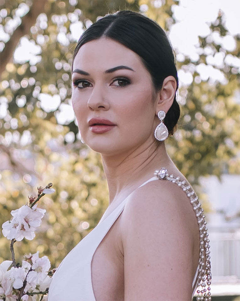 wedding and bridal earrings - Mother of pearl pear drop - Mae by Stephanie Browne at Kezani - front view