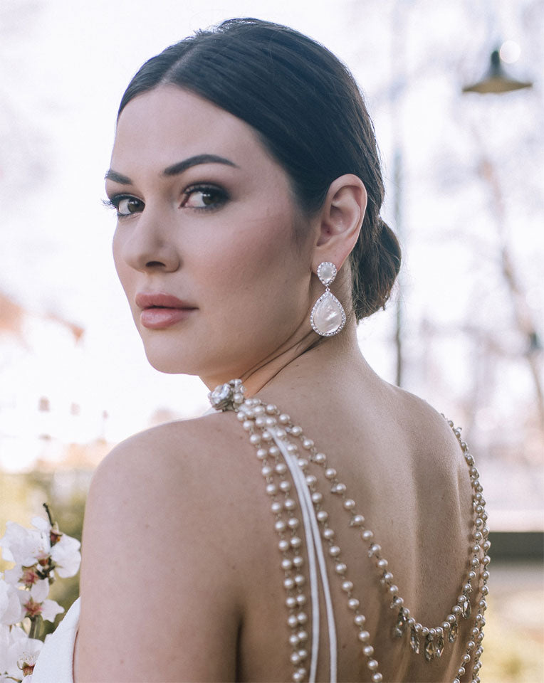 wedding and bridal earrings - Mother of pearl pear drop - Mae by Stephanie Browne at Kezani - on model