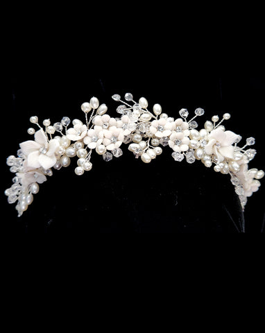 Wedding and bridal headpiece - porcelain floral and pearl headband - Nadia by Johnny B Collection at Kezani