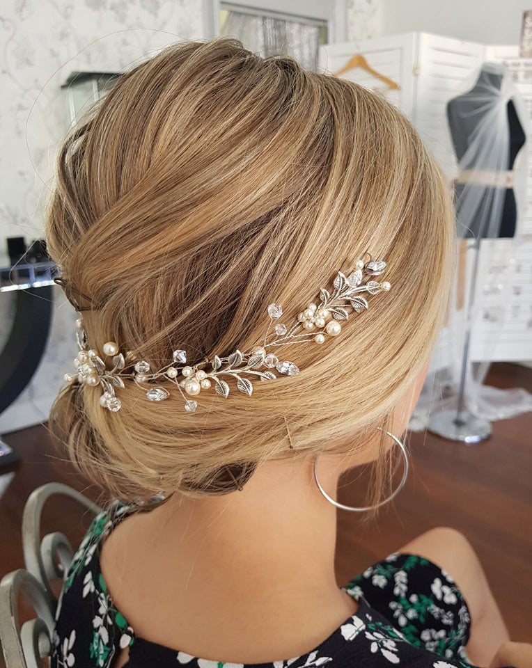 wedding hairvine for bride - pearl and vintage leaf - Laila - by Kezani Jewellery - side view symmetrical