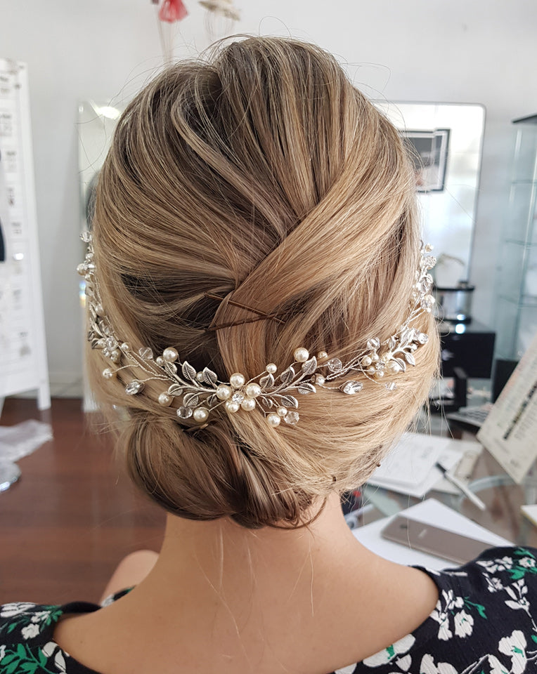 wedding hairvine for bride - pearl and vintage leaf - Laila - by Kezani Jewellery - wearing symmetrical