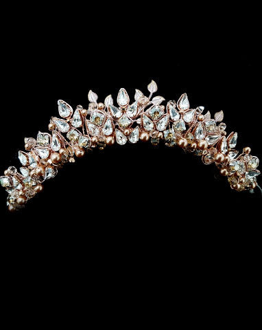 wedding crown - rose gold pearl, crystal and leaf - Xena by Kezani