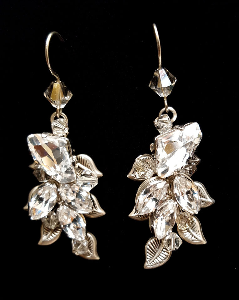 wedding earrings - Diva vintage leaf and crystal - by Kezani close up