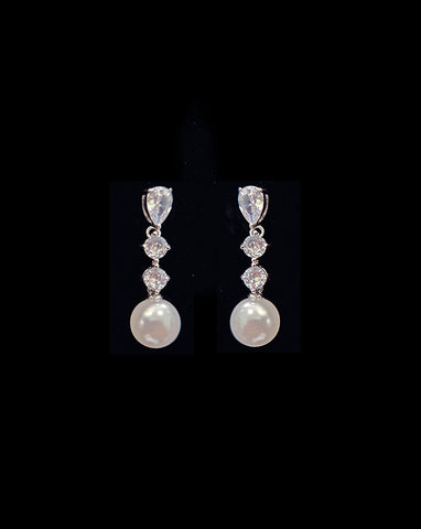 wedding earrings -cascade crystal chain with round pearl drop - Isobel by Johnny b - at Kezani