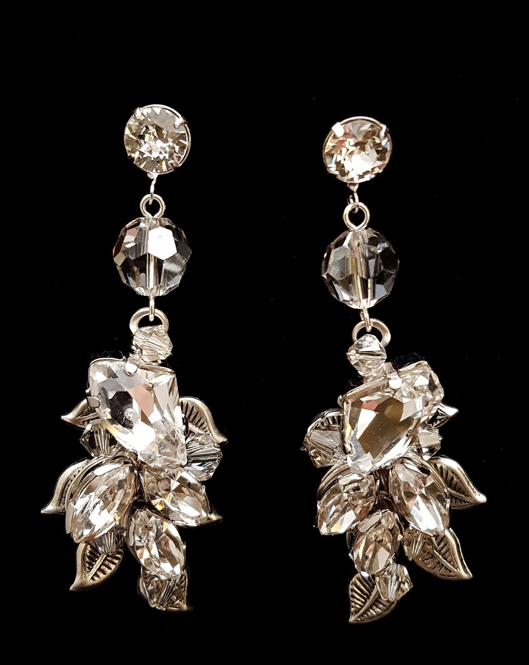 wedding earrings - Diva vintage leaf and crystal - by Kezani with crystal stud