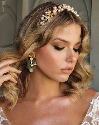 wedding and fashion earrings- gold leaf and adventurine - Siam by stephanie browne at Kezani Perth
