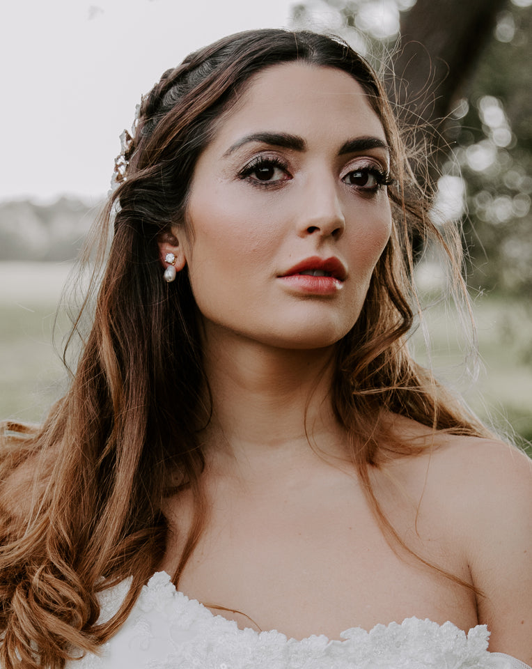 wedding earrings - simple crystal stud with a beautifully shaped pearl drop - twinkle pearl drop by Stephanie Browne - pictured on model with hair down