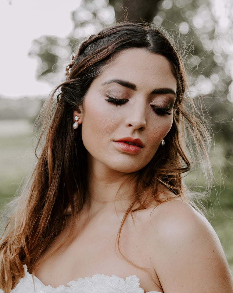 wedding earrings - simple crystal stud with pearl drop - Twinkle pearl by Stephanie Browne - with off shoulder lace wedding gown