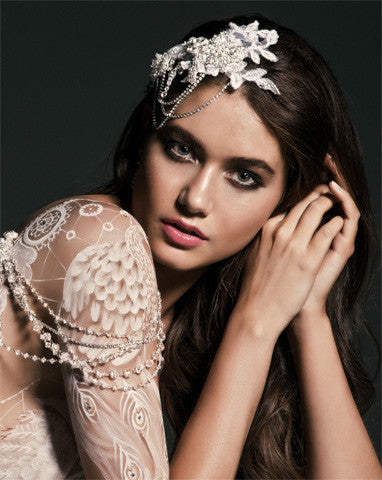 Bridal headpiece - lace and diamonte chains - Harlow deluxe by Kezani - Kezani Jewellery - 1