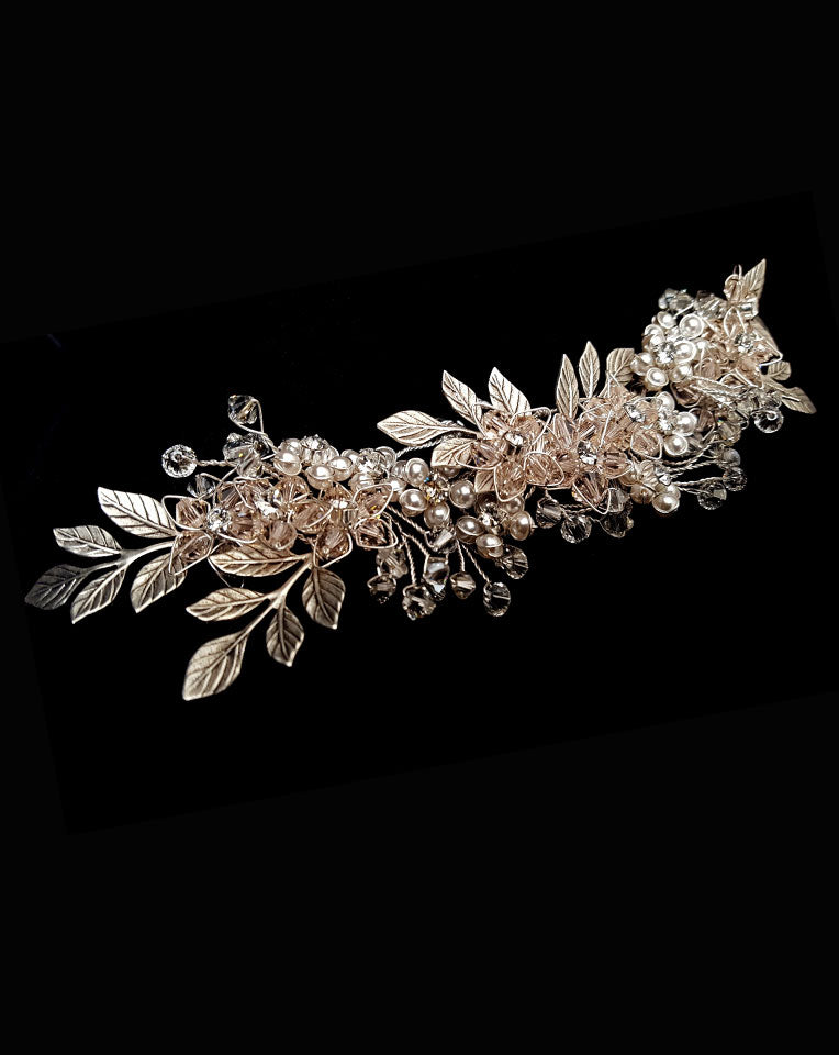 wedding headpiece - crystal and pearl flower pins/comb with vintage leaves - Jessica hairpins by Kezani as a comb