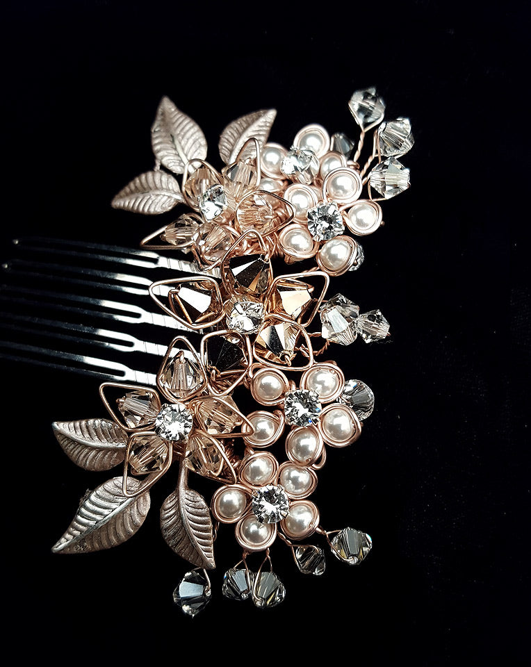 wedding headpiece - small flower comb in white and blush mix on rose gold wire - Baby Jessica by Kezani