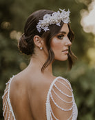 bridal and wedding headpiece - pearl cluster and soft lace headband - Carmelina by Kezani - Lace band worn as a floral crown