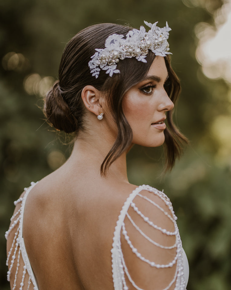 bridal and wedding headpiece - pearl cluster and soft lace headband - Carmelina by Kezani - Lace band worn as a floral crown