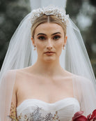 wedding and bridal headpiece - pearl cluster and soft lace headband - Carmelina by Kezani - bride with lace headband and two tier full veil